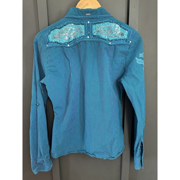 Roar Women’s Western Blue Shirt - Sequined And Pearl Snaps, See Notes - Picture 12 of 14